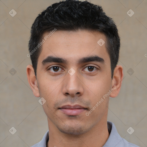 Neutral asian young-adult male with short  black hair and brown eyes