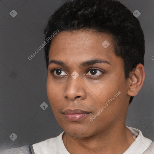 Neutral black young-adult female with short  black hair and brown eyes