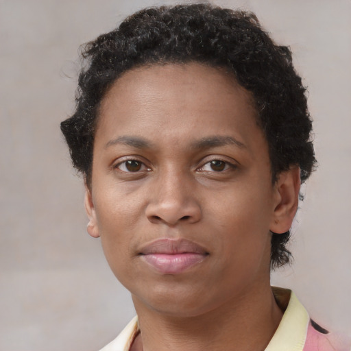 Neutral black young-adult female with short  brown hair and brown eyes