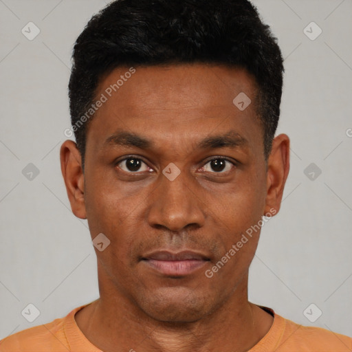 Neutral latino young-adult male with short  black hair and brown eyes