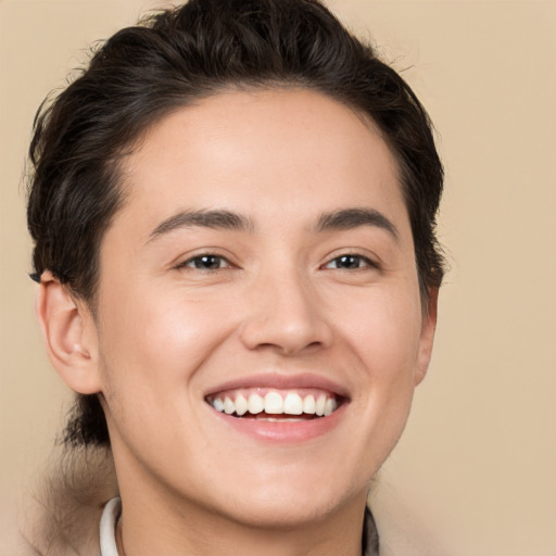 Joyful white young-adult male with medium  brown hair and brown eyes