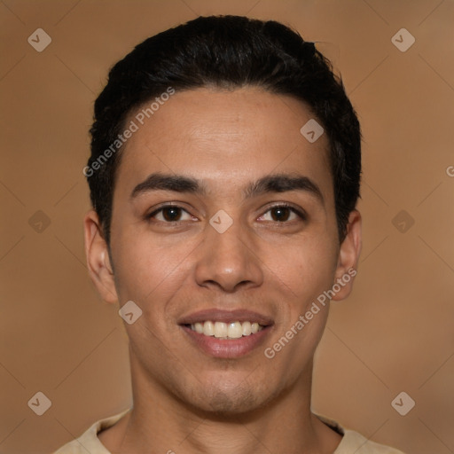 Joyful latino young-adult male with short  brown hair and brown eyes