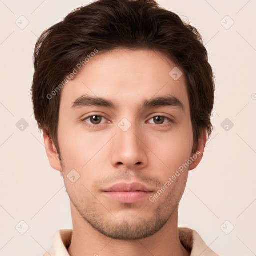 Neutral white young-adult male with short  brown hair and brown eyes