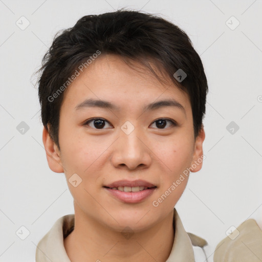 Joyful asian young-adult female with short  brown hair and brown eyes