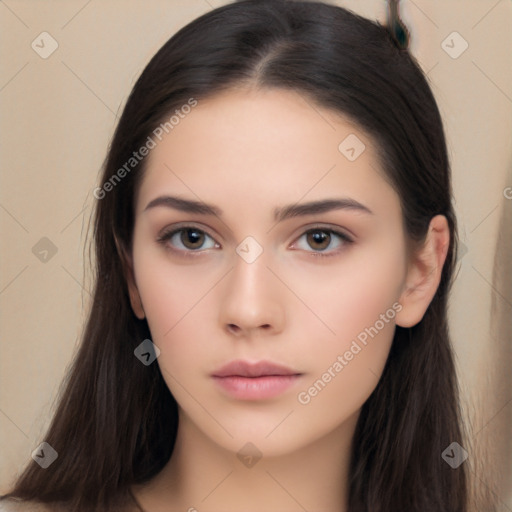 Neutral asian young-adult female with long  brown hair and brown eyes