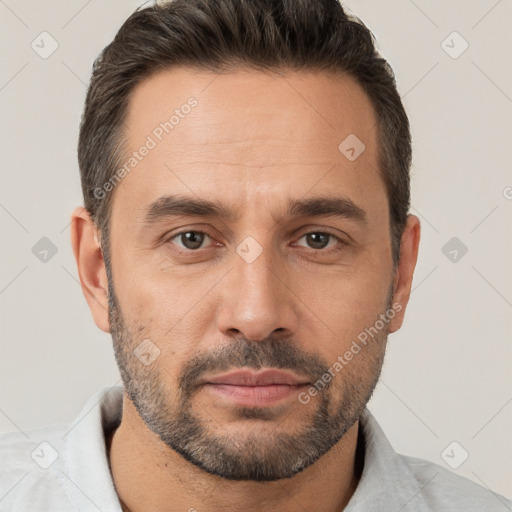 Neutral white adult male with short  brown hair and brown eyes