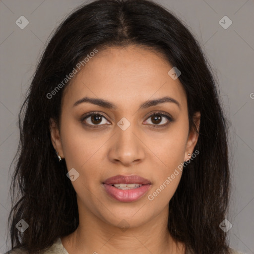 Joyful latino young-adult female with long  brown hair and brown eyes