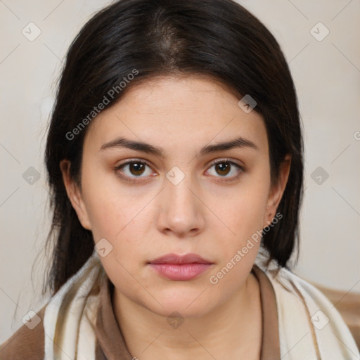 Neutral white young-adult female with medium  brown hair and brown eyes