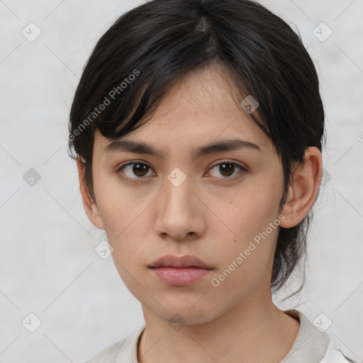 Neutral white young-adult female with medium  brown hair and brown eyes