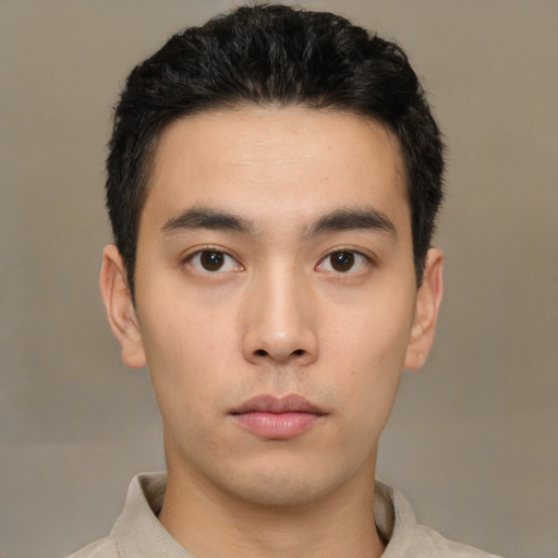 Neutral asian young-adult male with short  black hair and brown eyes