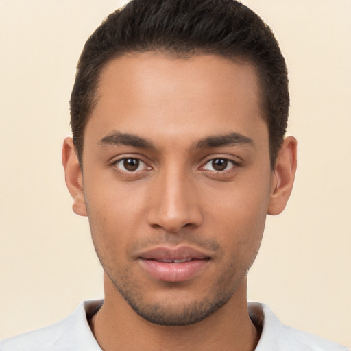 Neutral latino young-adult male with short  brown hair and brown eyes