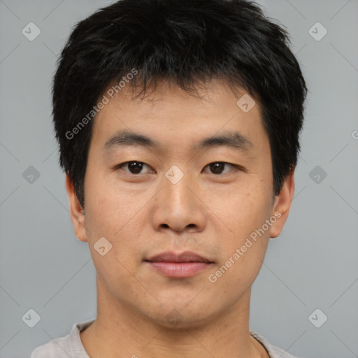 Neutral asian young-adult male with short  black hair and brown eyes