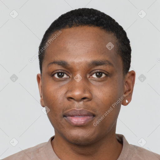 Neutral black young-adult male with short  black hair and brown eyes