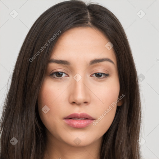 Neutral white young-adult female with long  brown hair and brown eyes