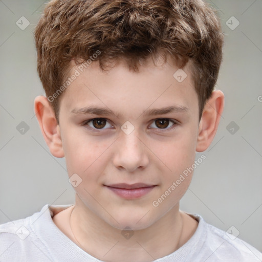 Joyful white child male with short  brown hair and brown eyes