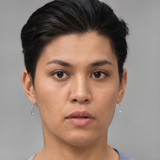 Neutral asian young-adult female with short  brown hair and brown eyes