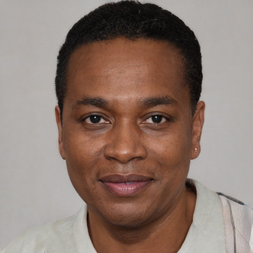 Joyful black young-adult male with short  black hair and brown eyes