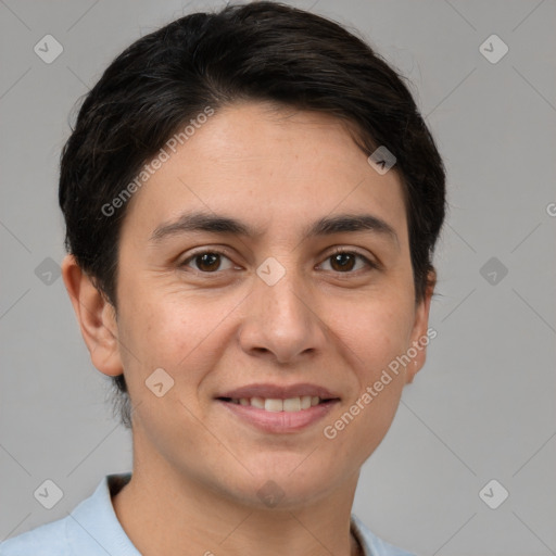 Joyful white young-adult female with short  brown hair and brown eyes