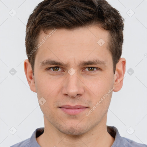 Neutral white young-adult male with short  brown hair and brown eyes