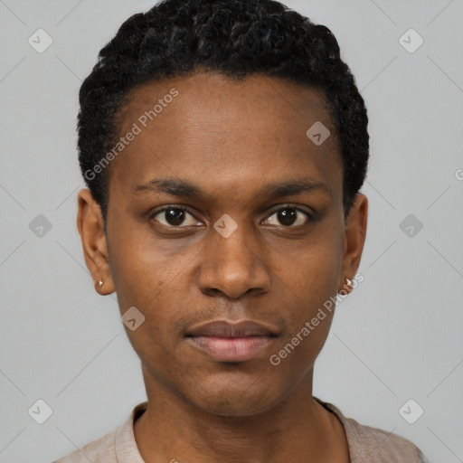 Neutral black young-adult male with short  black hair and brown eyes