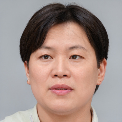 Joyful asian adult female with short  brown hair and brown eyes