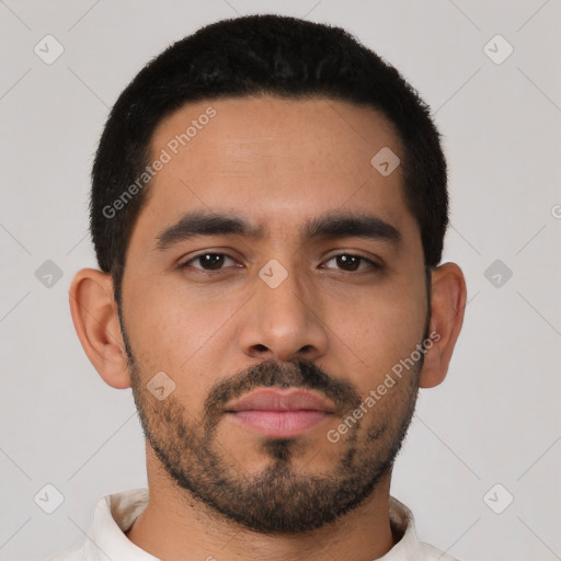 Neutral latino young-adult male with short  black hair and brown eyes