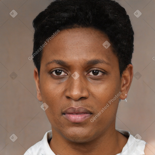 Joyful black young-adult female with short  black hair and brown eyes