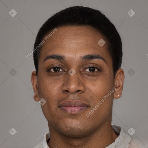 Neutral black young-adult female with short  brown hair and brown eyes