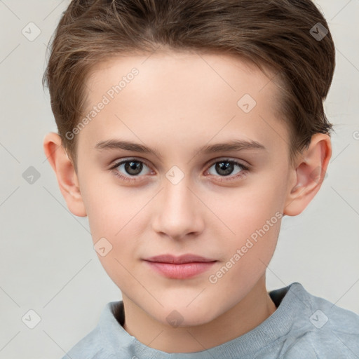 Joyful white child female with short  brown hair and brown eyes