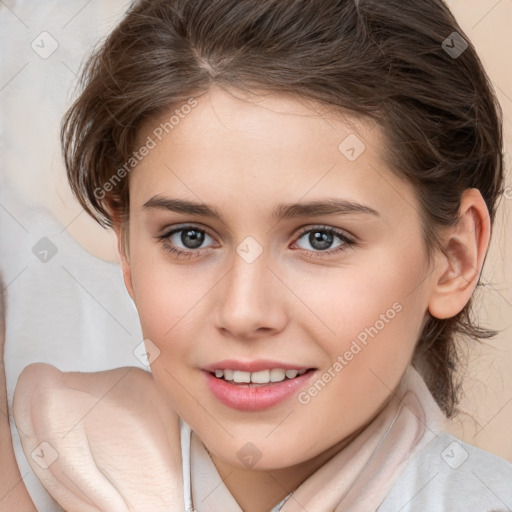 Joyful white child female with medium  brown hair and brown eyes