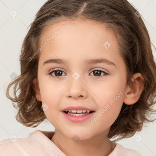 Joyful white child female with medium  brown hair and brown eyes