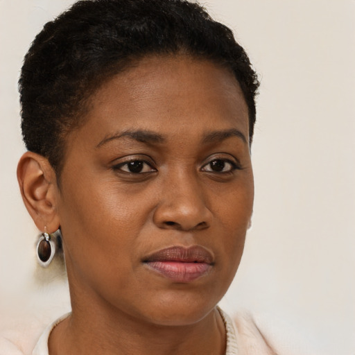 Joyful black young-adult female with short  brown hair and brown eyes
