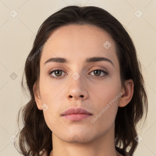 Neutral white young-adult female with medium  brown hair and brown eyes