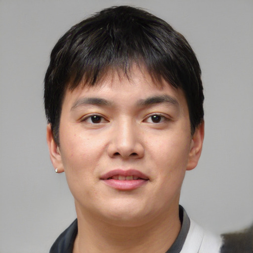 Neutral asian young-adult male with short  brown hair and brown eyes