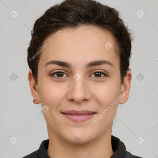 Joyful white young-adult female with short  brown hair and brown eyes