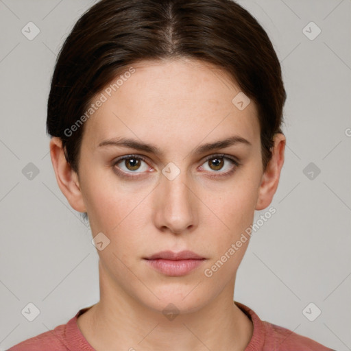 Neutral white young-adult female with short  brown hair and grey eyes