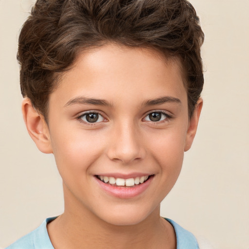 Joyful white child female with short  brown hair and brown eyes