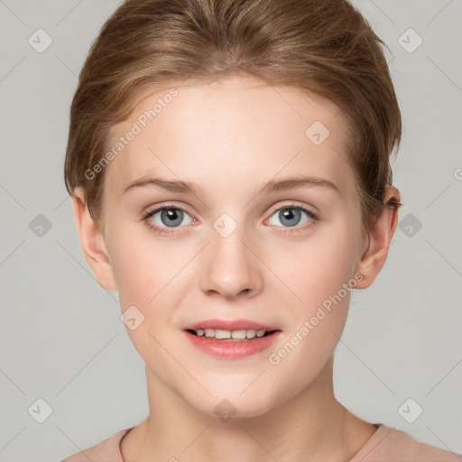 Joyful white young-adult female with short  brown hair and grey eyes