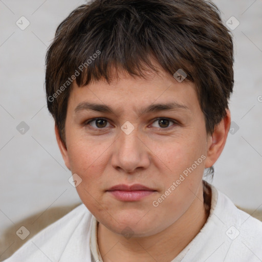 Joyful white young-adult female with short  brown hair and brown eyes