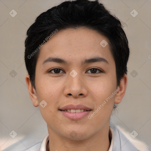 Joyful asian young-adult female with short  brown hair and brown eyes