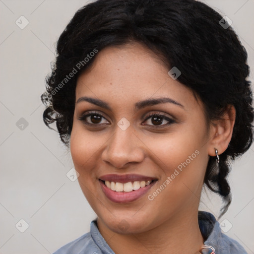 Joyful latino young-adult female with medium  black hair and brown eyes