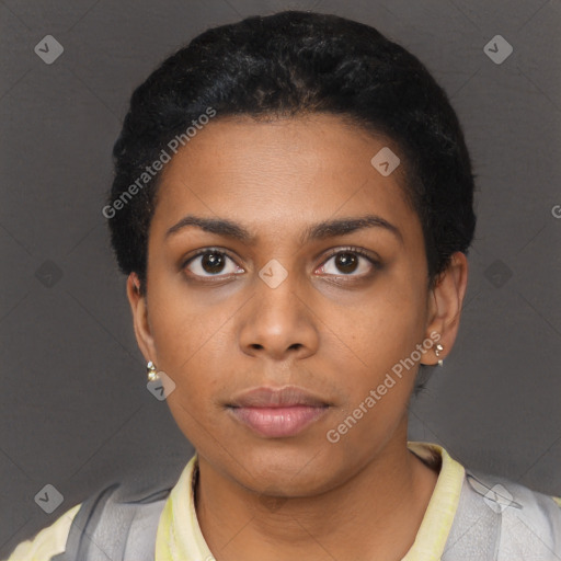 Neutral black young-adult female with short  black hair and brown eyes