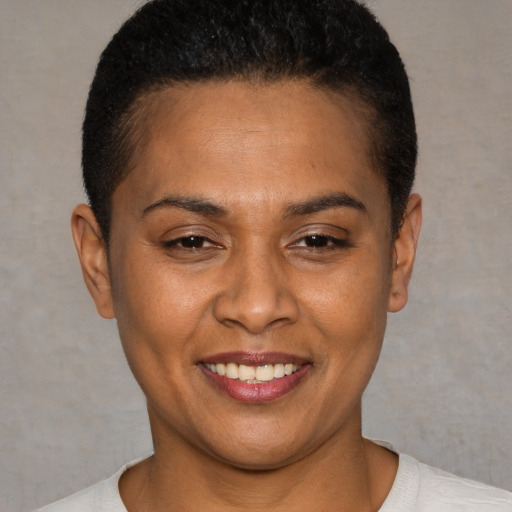 Joyful latino young-adult female with short  brown hair and brown eyes