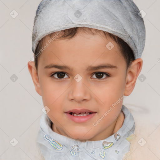 Joyful white child female with short  brown hair and brown eyes