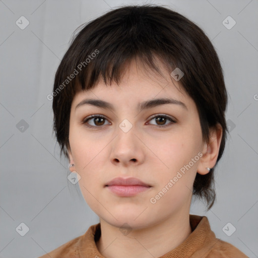 Neutral white young-adult female with medium  brown hair and brown eyes