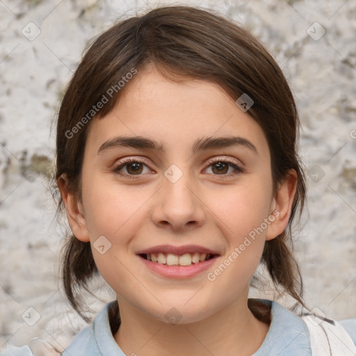 Joyful white child female with medium  brown hair and brown eyes