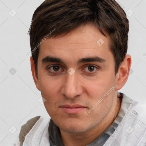 Neutral white young-adult male with short  brown hair and brown eyes