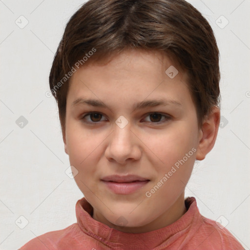 Joyful white child female with short  brown hair and brown eyes