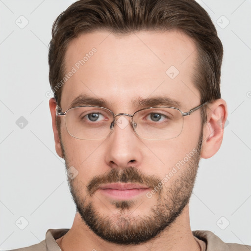 Neutral white young-adult male with short  brown hair and grey eyes