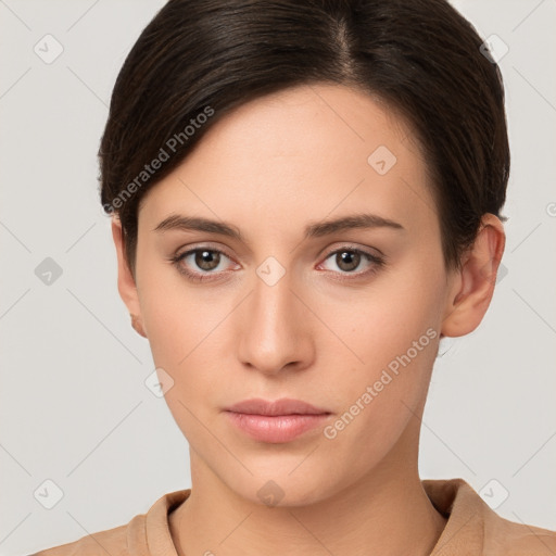 Neutral white young-adult female with short  brown hair and brown eyes